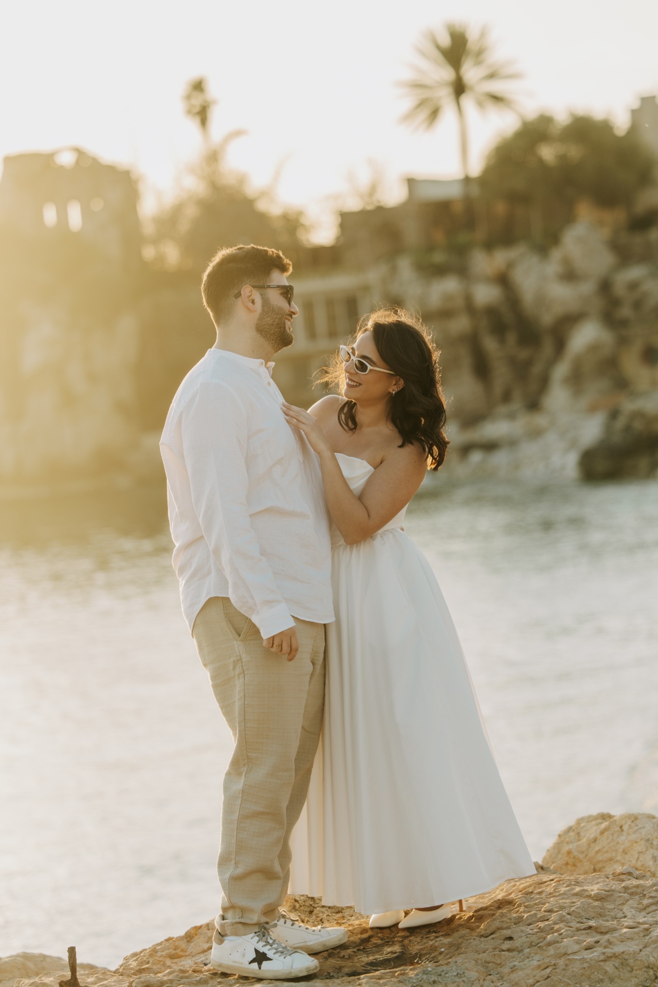 Ramy and Maryline at golden hour by the Mediterranean